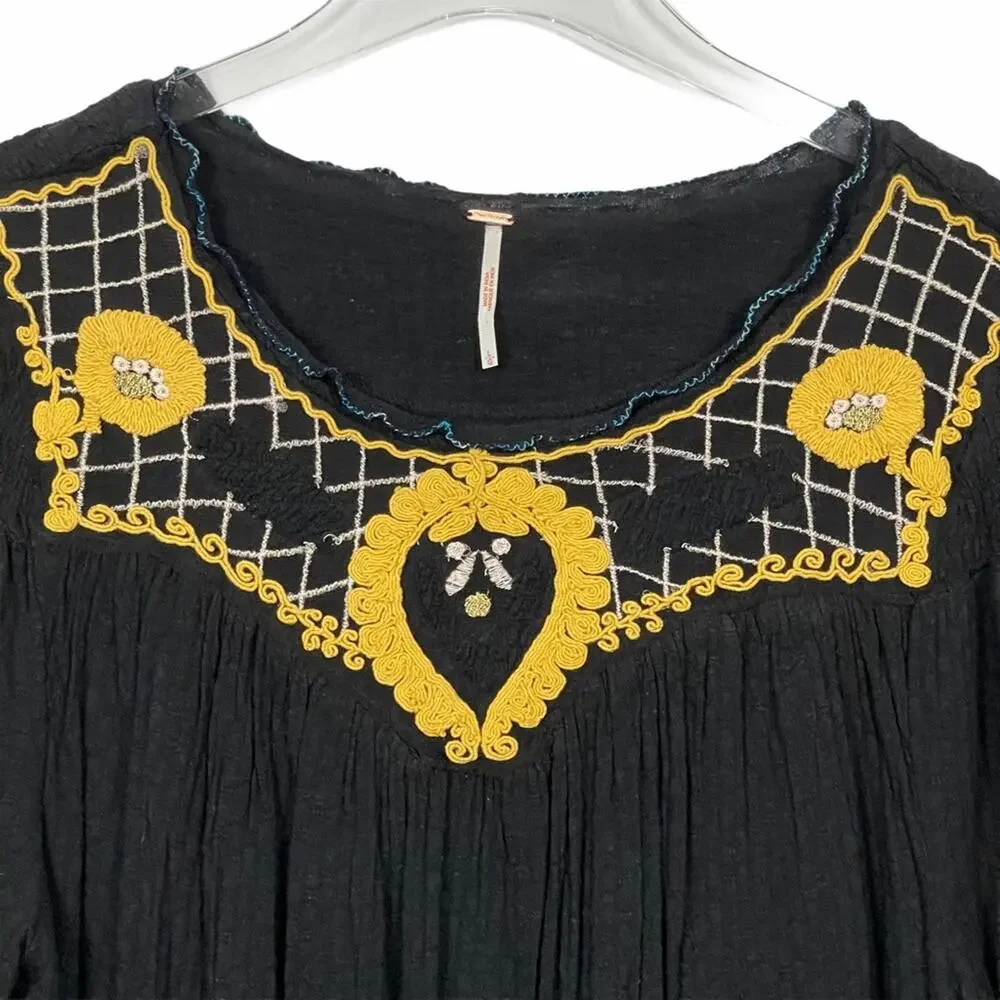Free People Embroidered Smocked Begonia Top Linen Blend Black Size Large